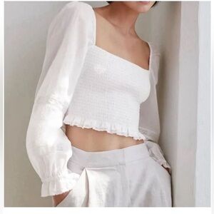 Aritzia White Smocked Puff Sleeve Blouse